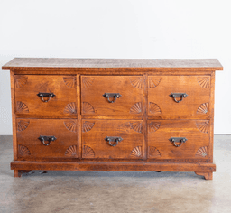 Rustic Carved Wood 6-Drawer Dresser with Iron Pulls