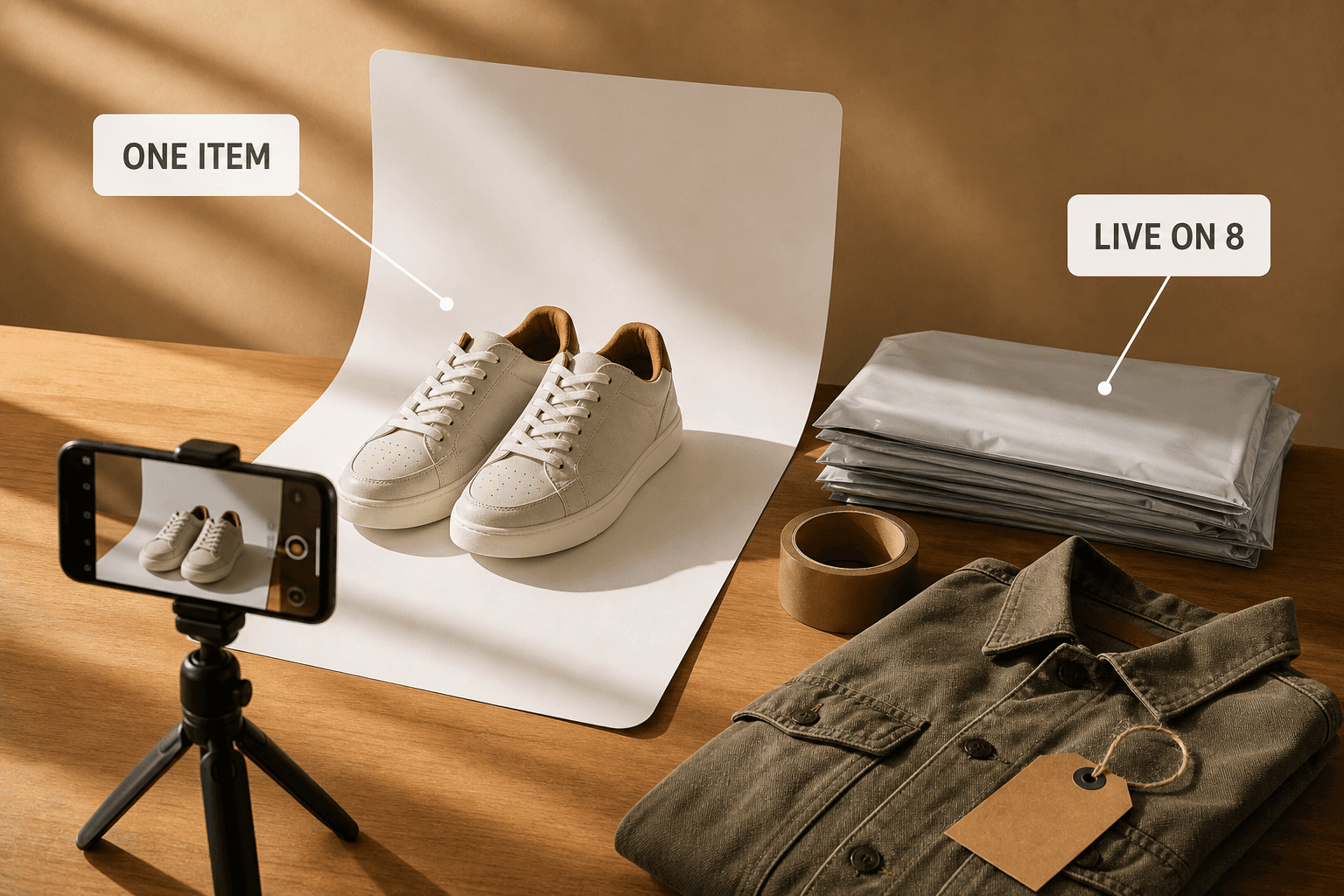 A seller photographing one pair of sneakers, already live on eight marketplaces