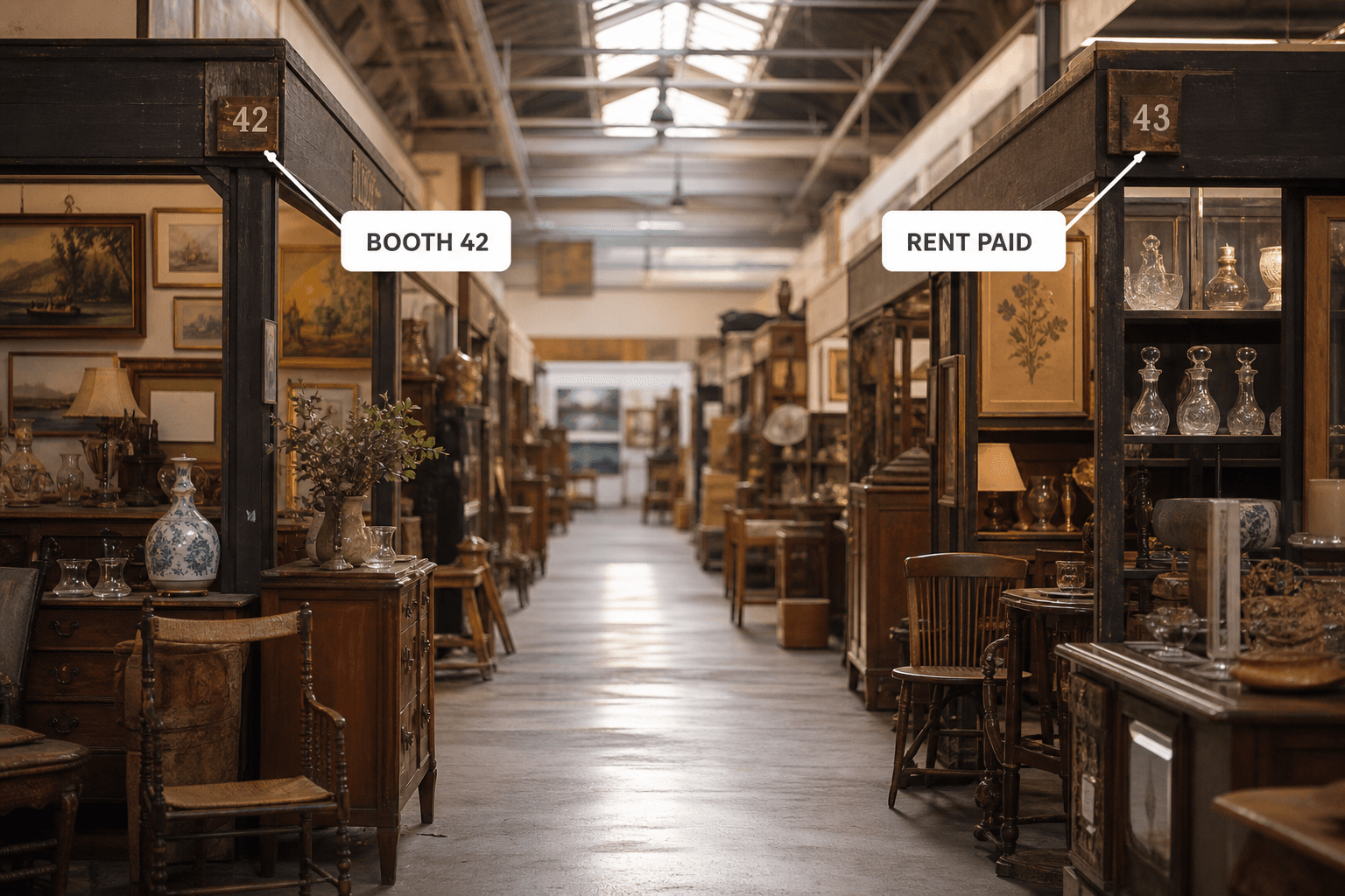 An aisle of vendor booths, each one billed and credited automatically